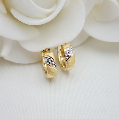 14mm 14k White and Yellow Gold Huggies Earrings - 4mm Thick - 2 Textures - Diamond Cut