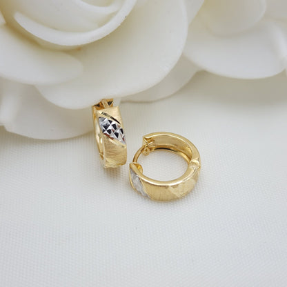 14mm 14k White and Yellow Gold Huggies Earrings - 4mm Thick - 2 Textures - Diamond Cut