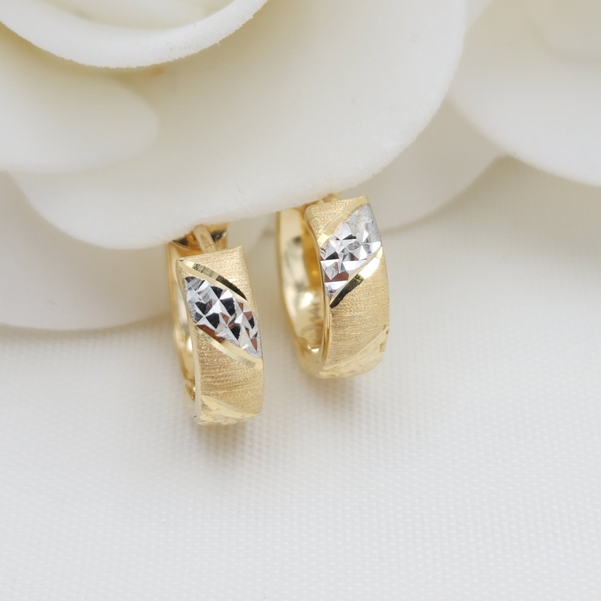 14mm 14k White and Yellow Gold Huggies Earrings - 4mm Thick - 2 Textures - Diamond Cut