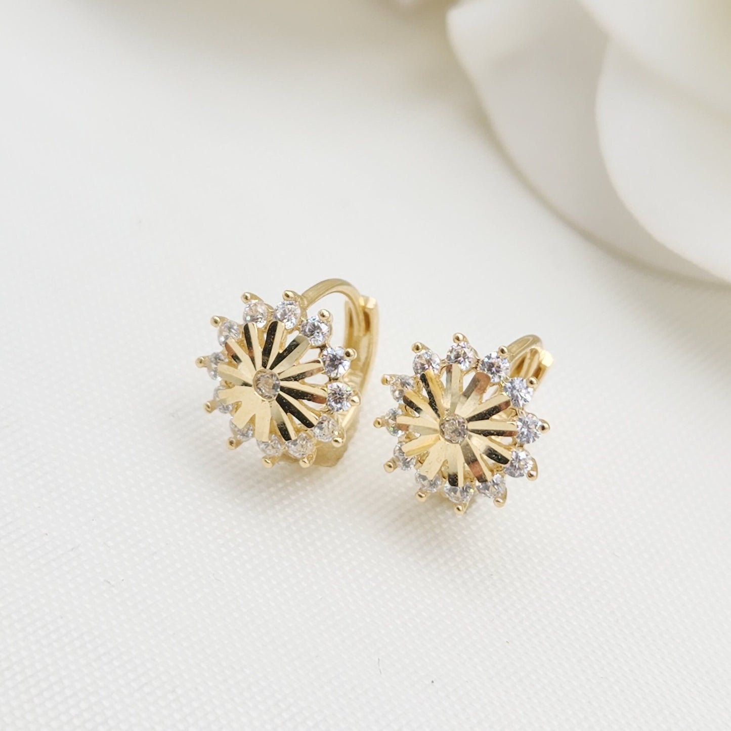 Solid 14k Gold Sun Huggies Earrings - 10mm - Cubic Ziconia - For Her - Fine Jewelry