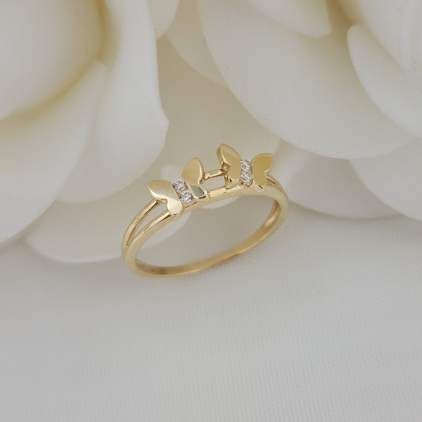 Solid 14k Gold Butterflies Cz Ring - Adorable - Modern jewelry - Perfect Gift - Stackable Rings