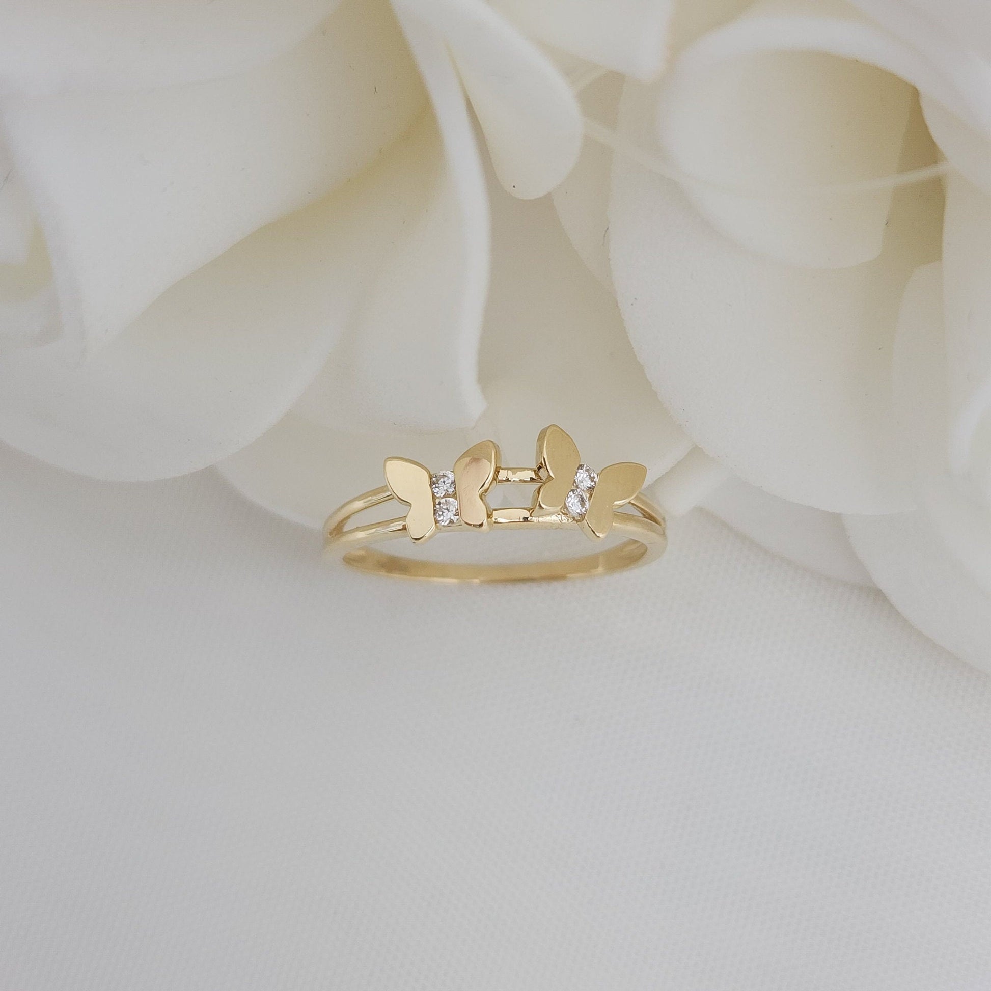 Solid 14k Gold Butterflies Cz Ring - Adorable - Modern jewelry - Perfect Gift - Stackable Rings