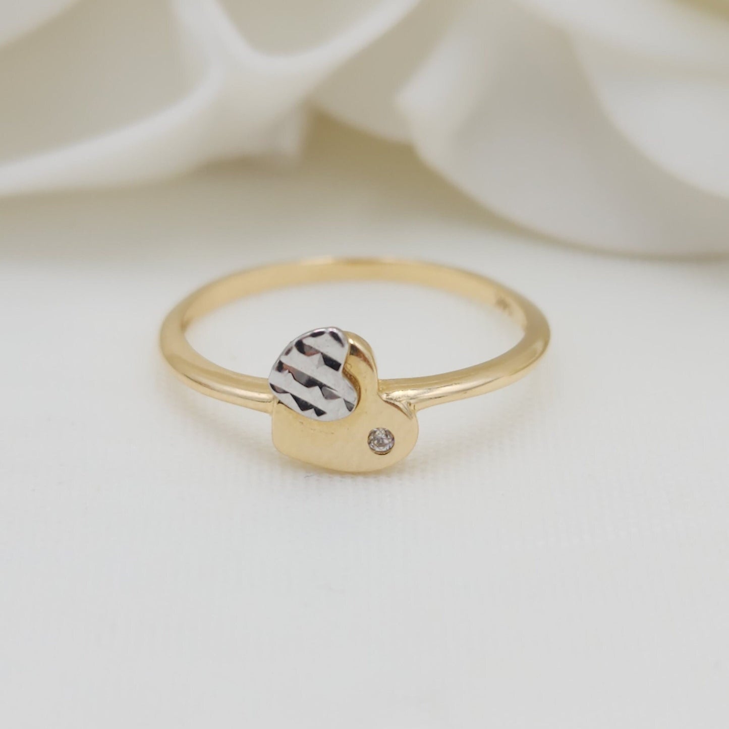 Heart over Heart 14k Gold Ring - Diamond Cut - For Her - Stackable