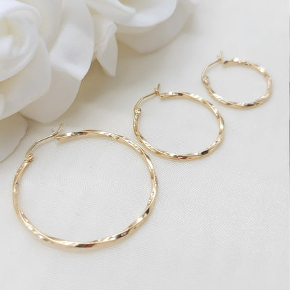 14K Yellow Gold Twisted Hoop Earrings - Unique and Versatile - For Everyday - Shiny