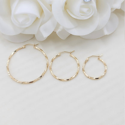 14K Yellow Gold Twisted Hoop Earrings - Unique and Versatile - For Everyday - Shiny