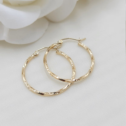 14K Yellow Gold Twisted Hoop Earrings - Unique and Versatile - For Everyday - Shiny