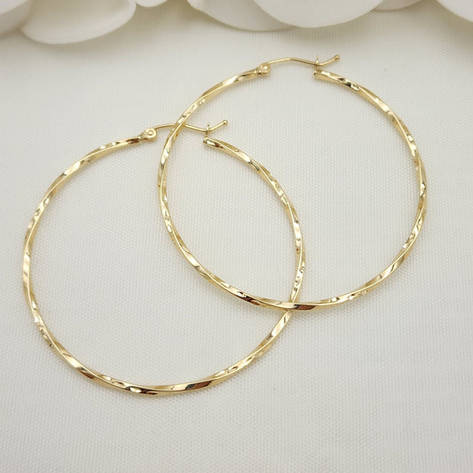 Large Twisted 14k Gold Hoop Earrings - 45MM- Unique and Versatile - For Everyday - Shiny