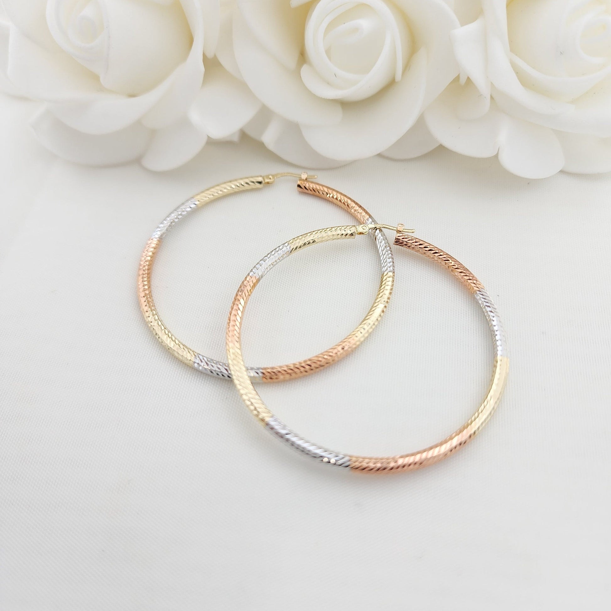 55mm 3 Tones 14k Gold Hoop Earrings - 3mm Thick - For Her - White, yellow and rose Gold