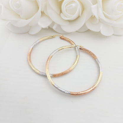 55mm 3 Tones 14k Gold Hoop Earrings - 3mm Thick - For Her - White, yellow and rose Gold