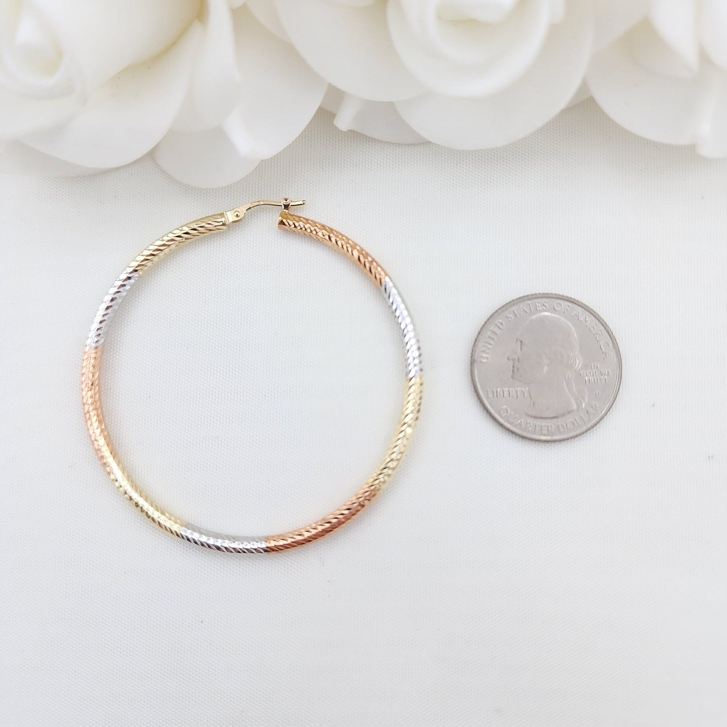 55mm 3 Tones 14k Gold Hoop Earrings - 3mm Thick - For Her - White, yellow and rose Gold