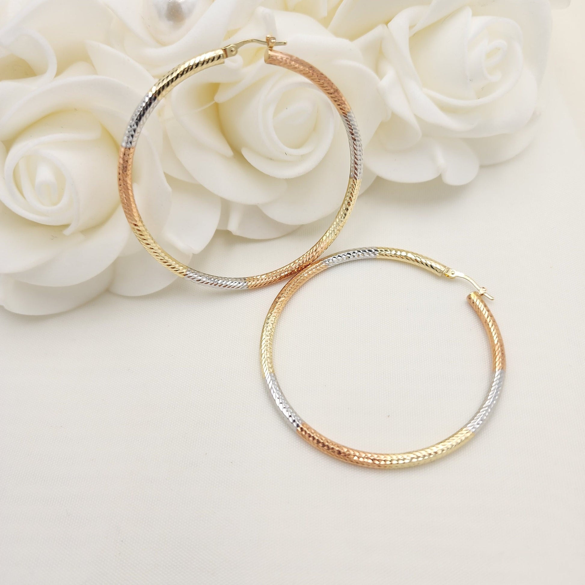 55mm 3 Tones 14k Gold Hoop Earrings - 3mm Thick - For Her - White, yellow and rose Gold