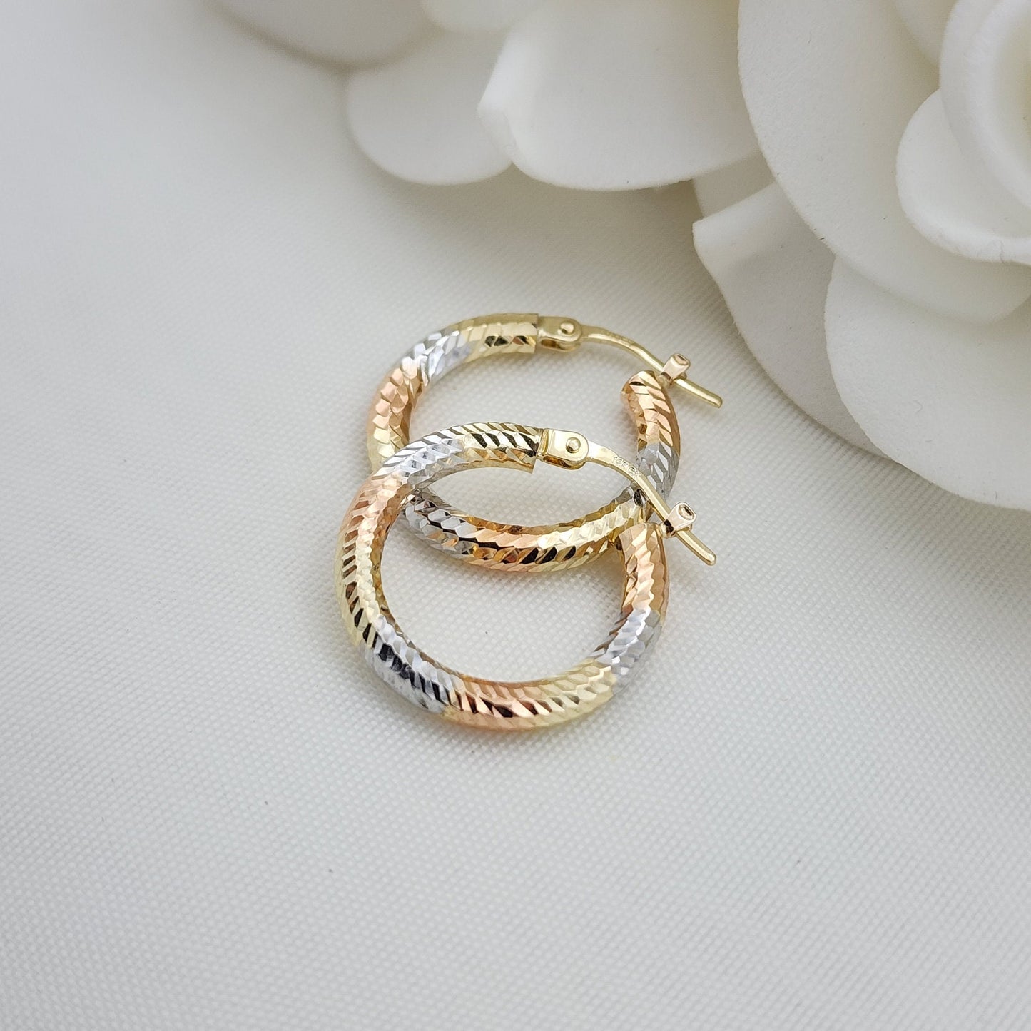 20mm 3 Tones 14k Gold Hoop Earrings - 3mm Thick - For Her - White, yellow and rose Gold