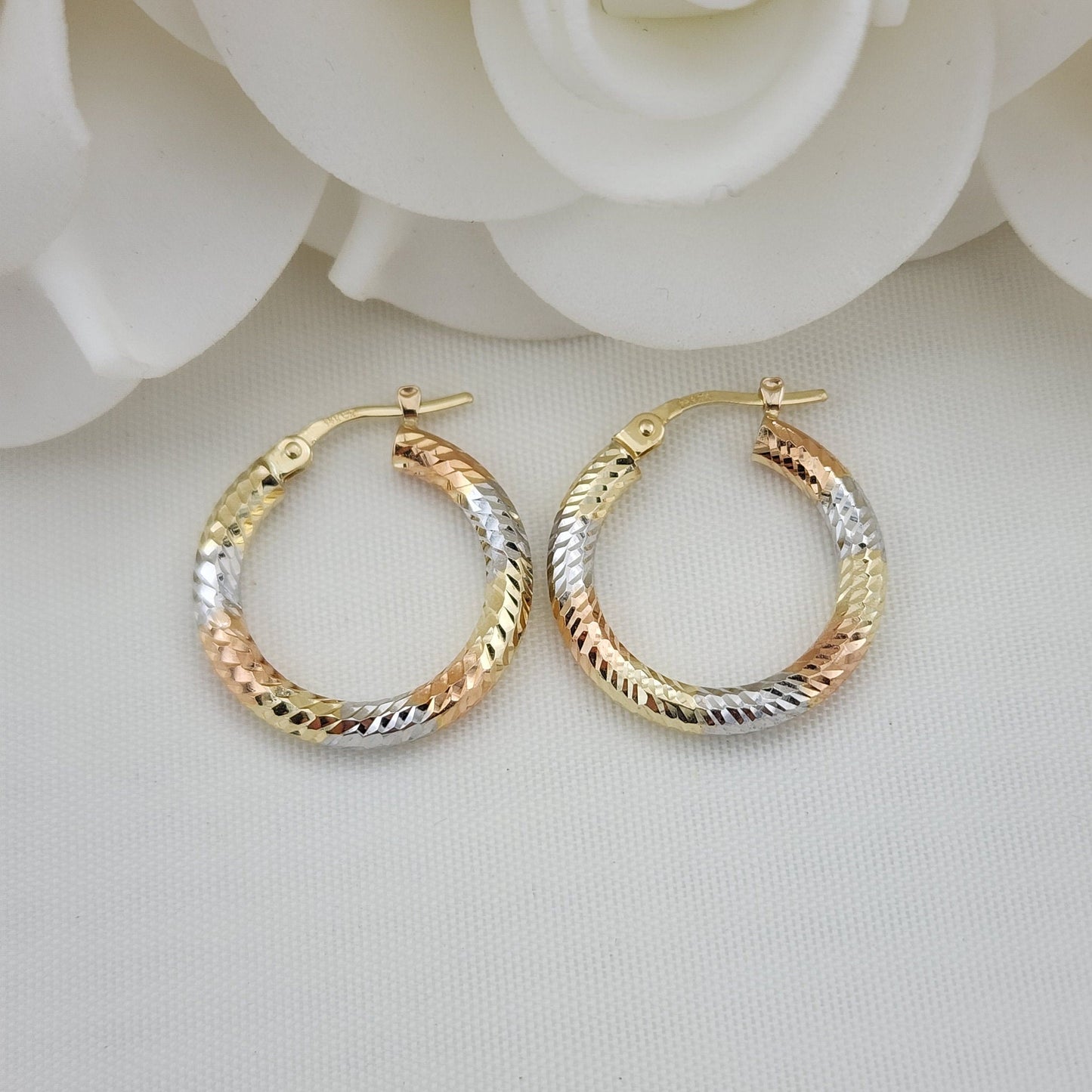 20mm 3 Tones 14k Gold Hoop Earrings - 3mm Thick - For Her - White, yellow and rose Gold