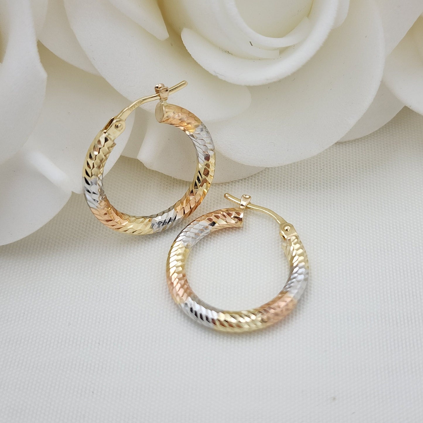 20mm 3 Tones 14k Gold Hoop Earrings - 3mm Thick - For Her - White, yellow and rose Gold