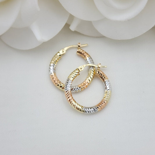 20mm 3 Tones 14k Gold Hoop Earrings - 3mm Thick - For Her - White, yellow and rose Gold