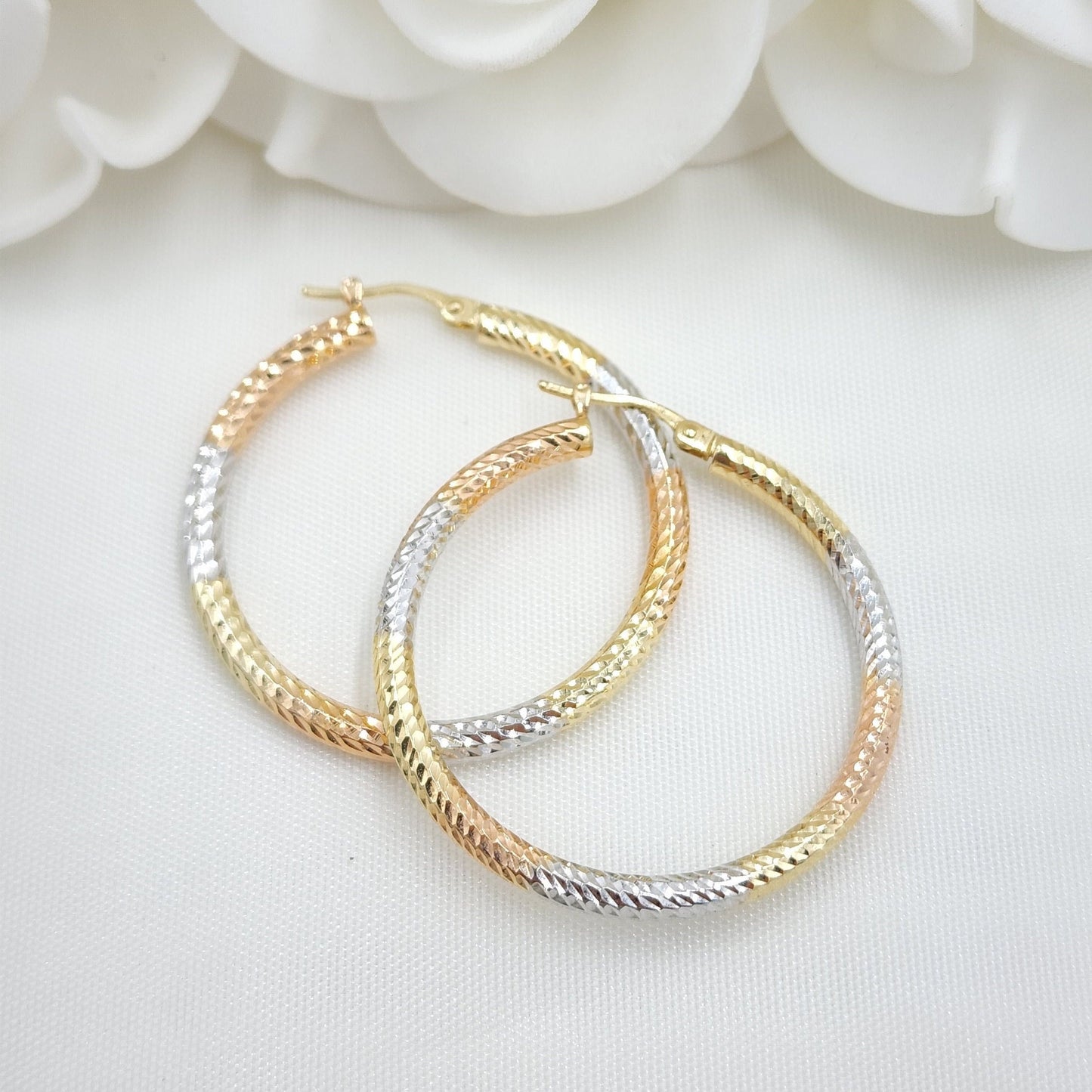 35mm Thick 3 Tones 14k Gold Hoop Earrings - 3mm Thick - For Her - White, yellow and rose Gold