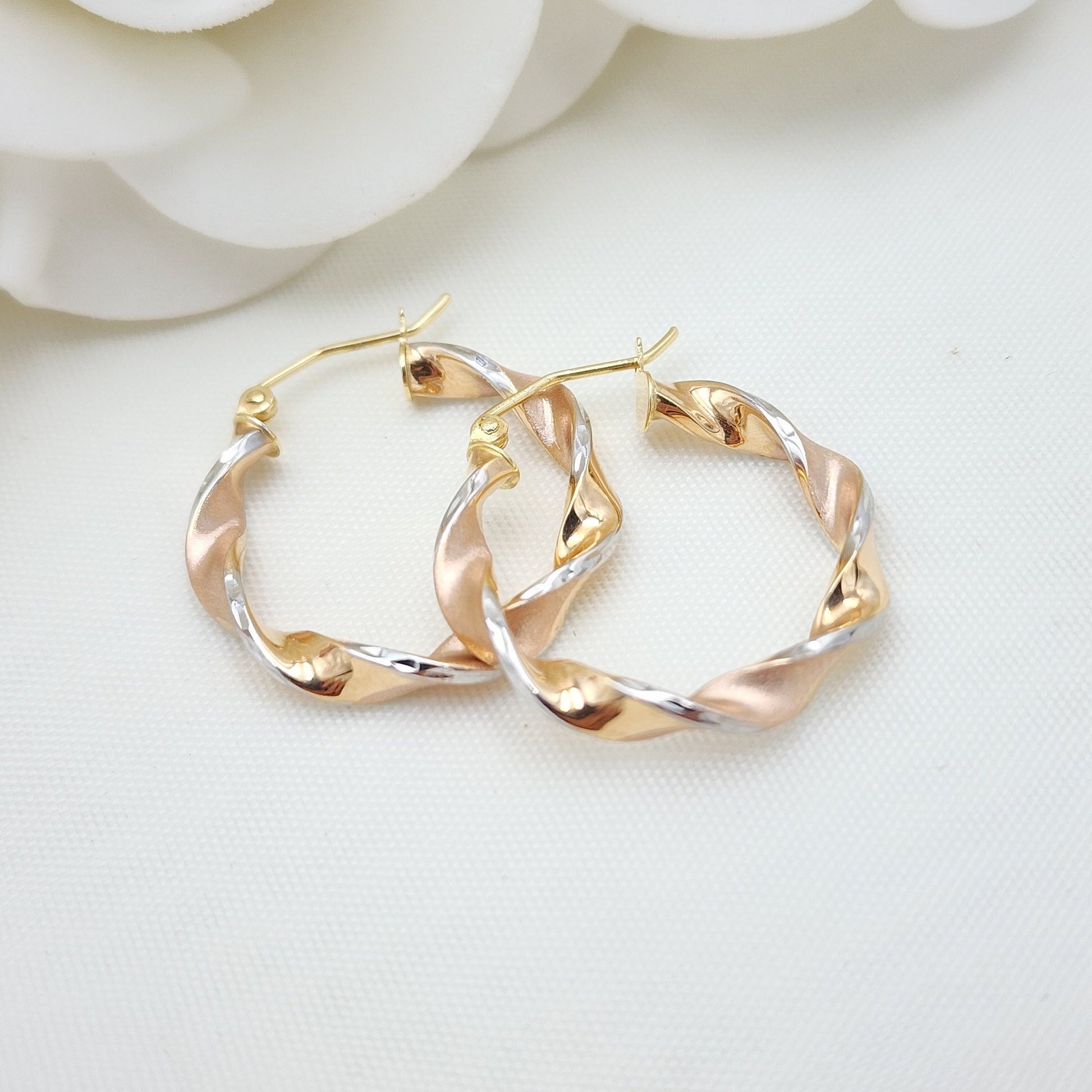 Real 14k Tri Color Gold Twisted Hoop Earrings - 3.5MM Thick - 1 Inch - Fine Jewelry - For Her