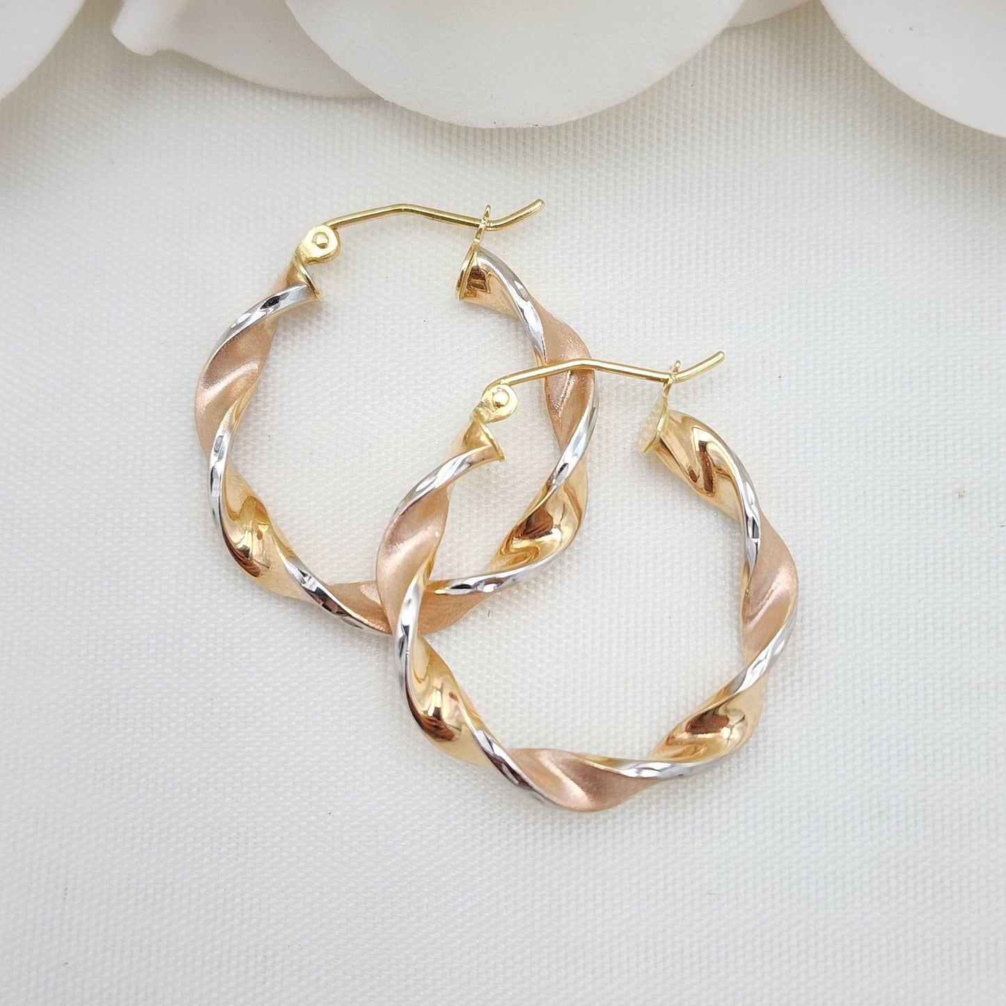 Real 14k Tri Color Gold Twisted Hoop Earrings - 3.5MM Thick - 1 Inch - Fine Jewelry - For Her