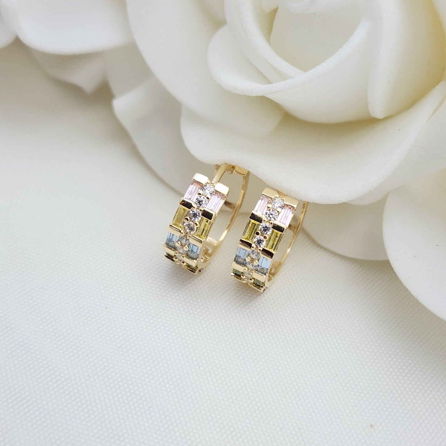 15mm 14k Rainbow Cz Baguettes Huggies Earrings - 4.5mm Thick - Fine Jewelry - For Her