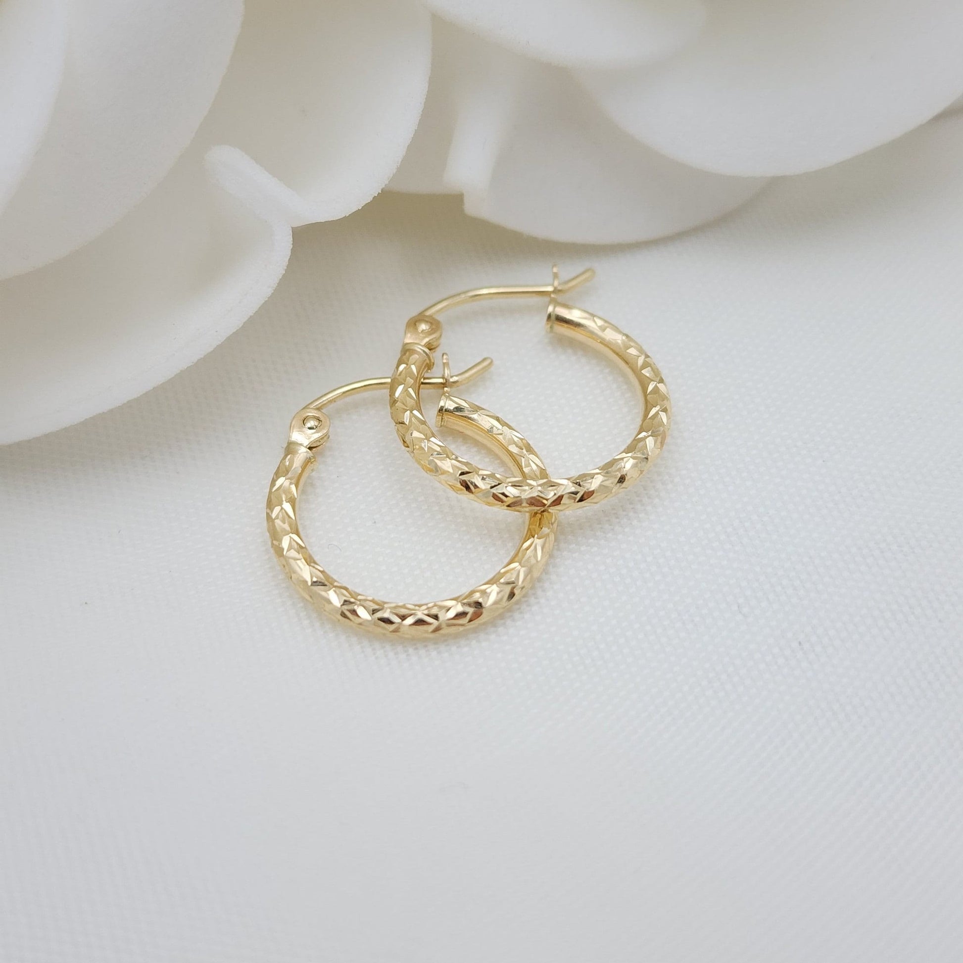 15MM Dainty 14K Gold Fully Diamond Cut Hoop Earrings - 1.5MM Thick - Perfect Gift - Fine Jewelry For Her