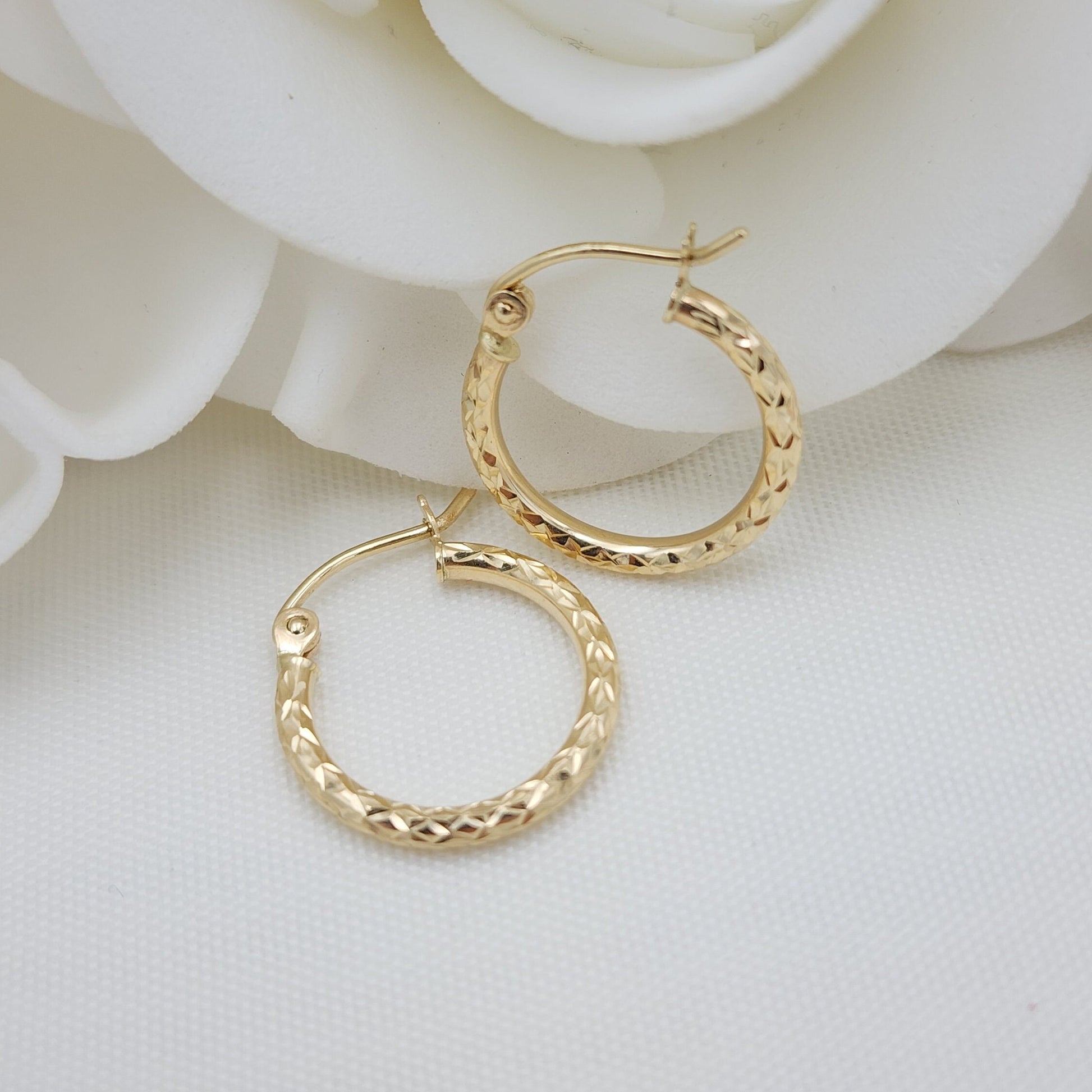 15MM Dainty 14K Gold Fully Diamond Cut Hoop Earrings - 1.5MM Thick - Perfect Gift - Fine Jewelry For Her