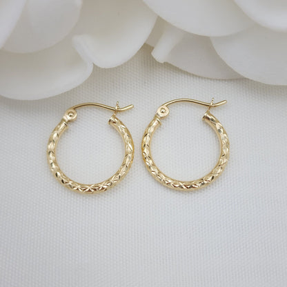 15MM Dainty 14K Gold Fully Diamond Cut Hoop Earrings - 1.5MM Thick - Perfect Gift - Fine Jewelry For Her