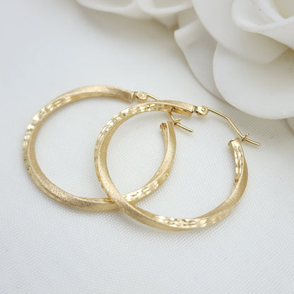 30mm 14k Gold Twisted 2 Textures Hoop Earrings - 2.5mm Thick - Fine Jewelry - Unique and Modern - For Her