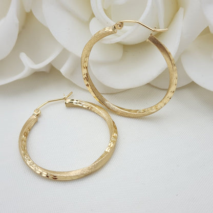 30mm 14k Gold Twisted 2 Textures Hoop Earrings - 2.5mm Thick - Fine Jewelry - Unique and Modern - For Her