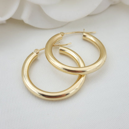 25MM Real 14k Gold Polished Hoop Earrings - 3MM Thick - Fine Jewelry - For Her