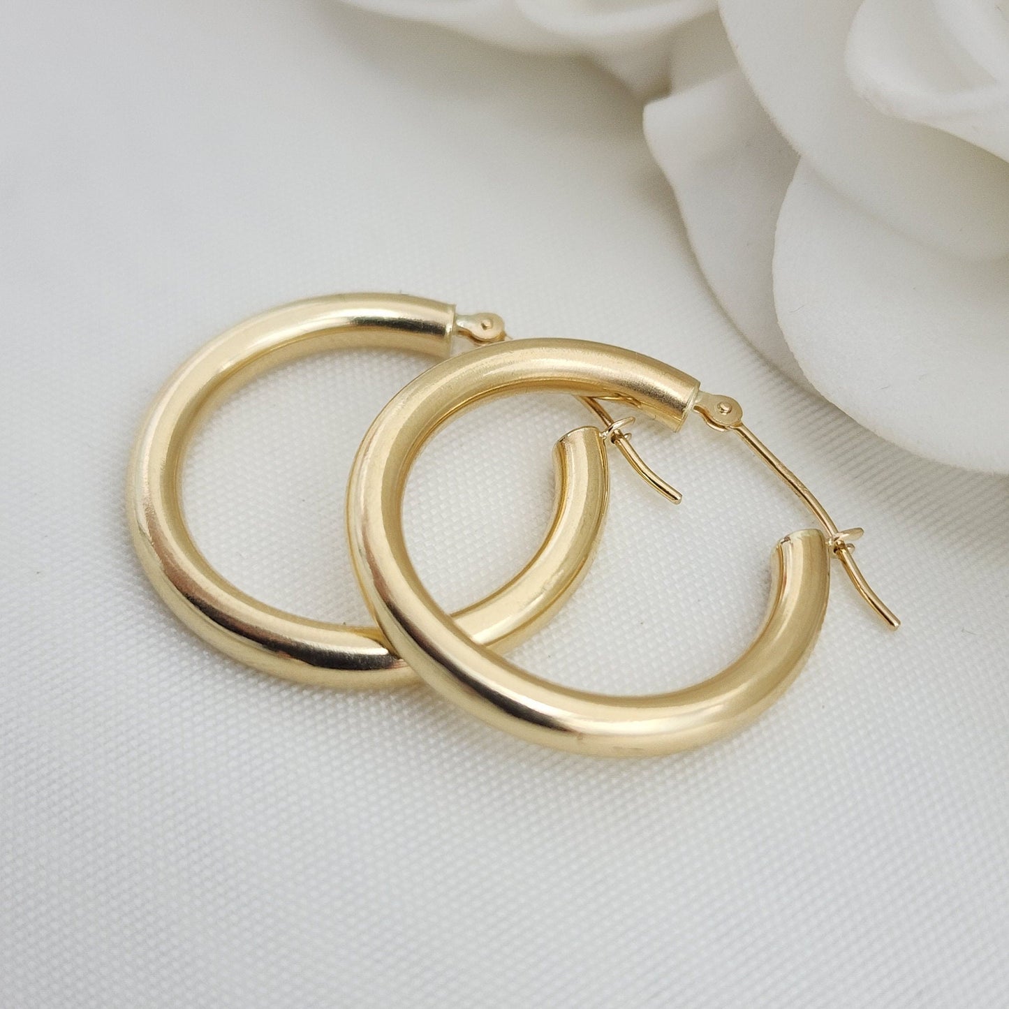 25MM Real 14k Gold Polished Hoop Earrings - 3MM Thick - Fine Jewelry - For Her