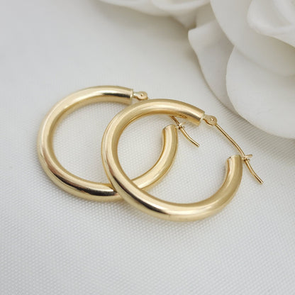 25MM Real 14k Gold Polished Hoop Earrings - 3MM Thick - Fine Jewelry - For Her