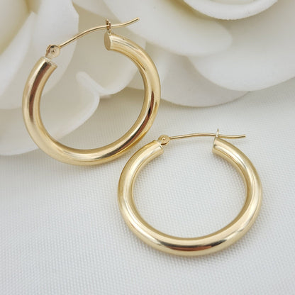 25MM Real 14k Gold Polished Hoop Earrings - 3MM Thick - Fine Jewelry - For Her