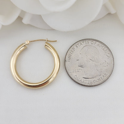 25MM Real 14k Gold Polished Hoop Earrings - 3MM Thick - Fine Jewelry - For Her