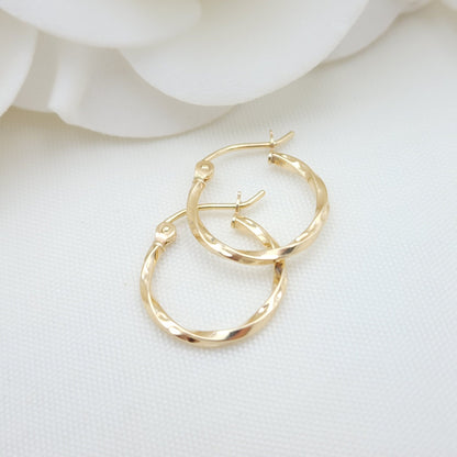 Dainty 14K Yellow Gold Twisted Hoop Earrings - 15MM - 1.5MM Thick - Unique and Versatile - For Everyday - Shiny and Modern