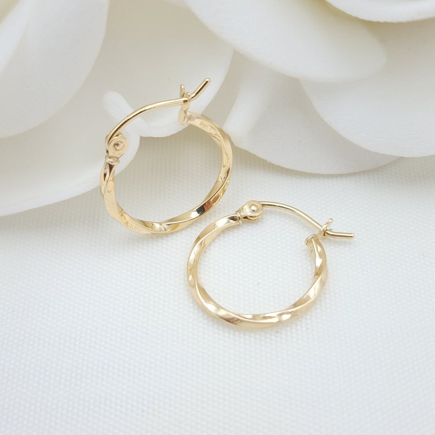 Dainty 14K Yellow Gold Twisted Hoop Earrings - 15MM - 1.5MM Thick - Unique and Versatile - For Everyday - Shiny and Modern