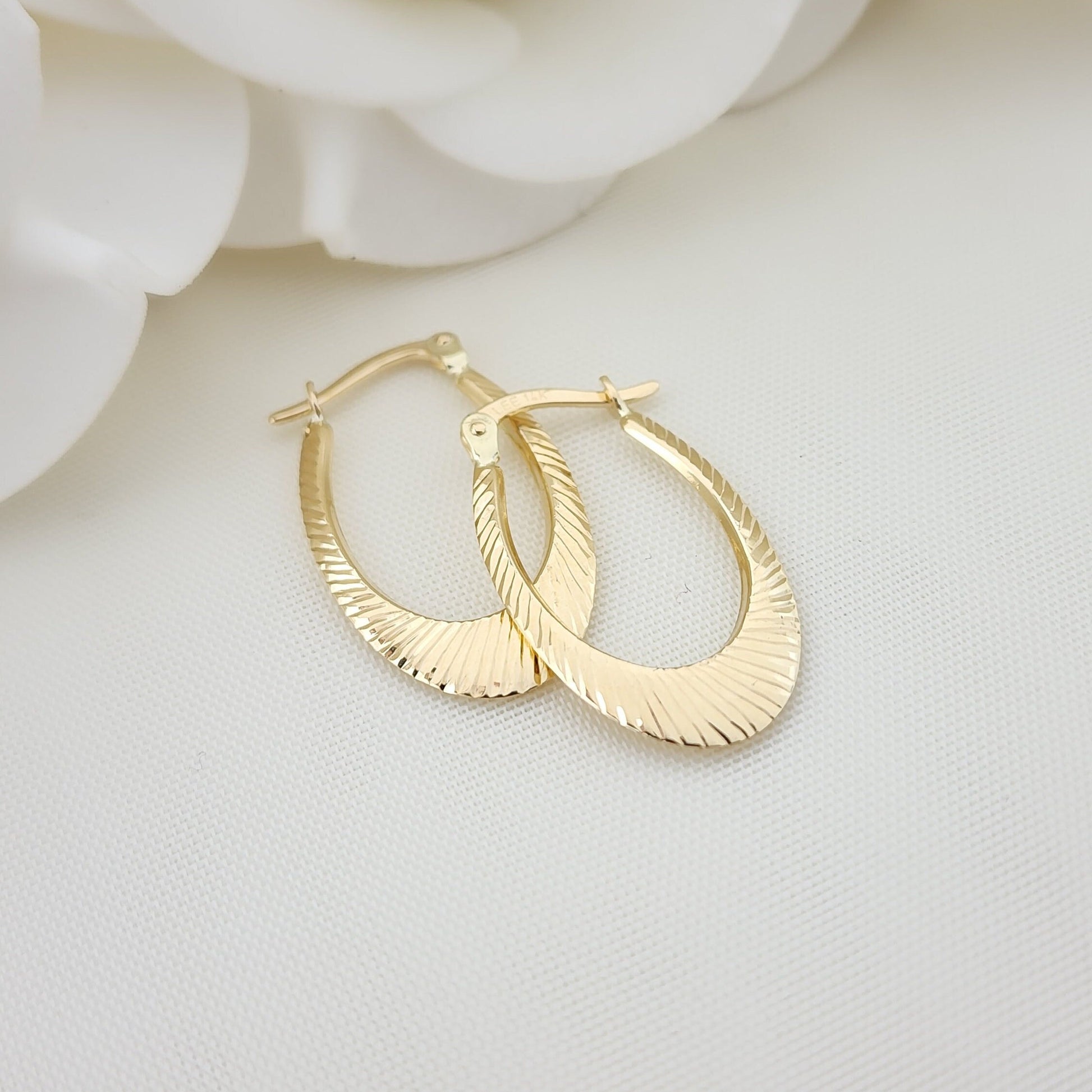 14KT Yellow Gold Shiny Textured Hoop Earrings - 26MM - Small Hoops