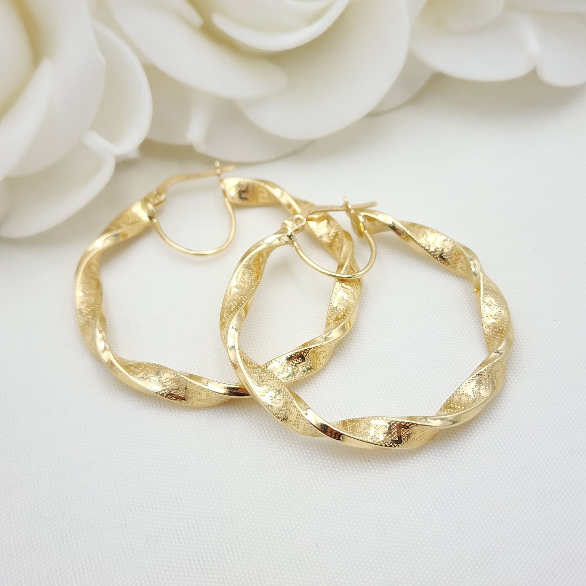 40mm 14k Gold Twisted Greek Pattern Hoop Earrings - 4mm Thick - Elegant and Everlasting - For Her