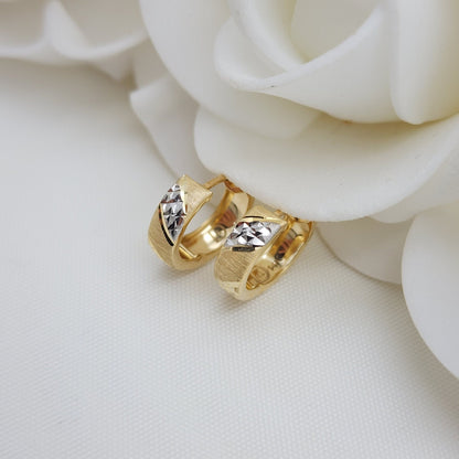 14mm 14k White and Yellow Gold Huggies Earrings - 4mm Thick - 2 Textures - Diamond Cut