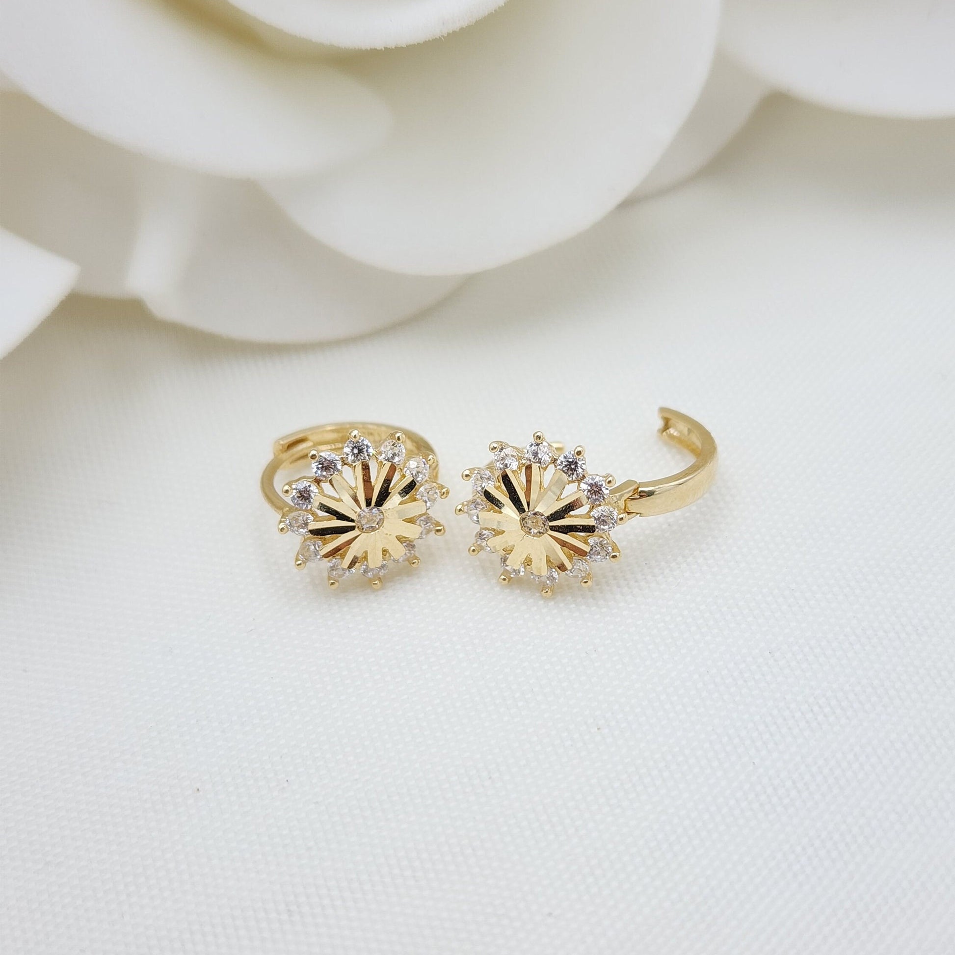 Solid 14k Gold Sun Huggies Earrings - 10mm - Cubic Ziconia - For Her - Fine Jewelry