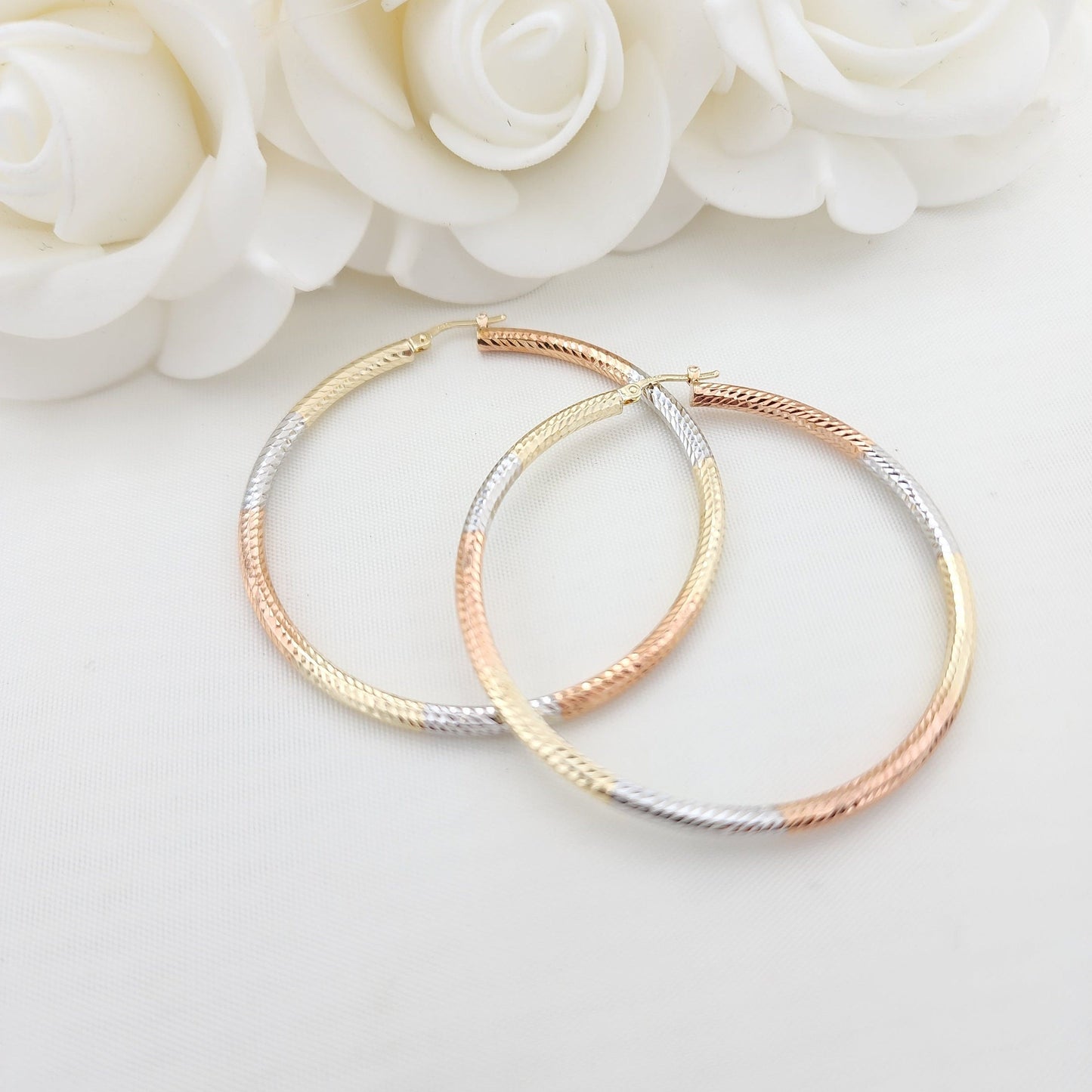 55mm 3 Tones 14k Gold Hoop Earrings - 3mm Thick - For Her - White, yellow and rose Gold