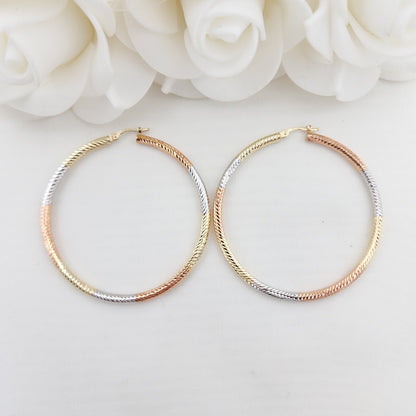 55mm 3 Tones 14k Gold Hoop Earrings - 3mm Thick - For Her - White, yellow and rose Gold