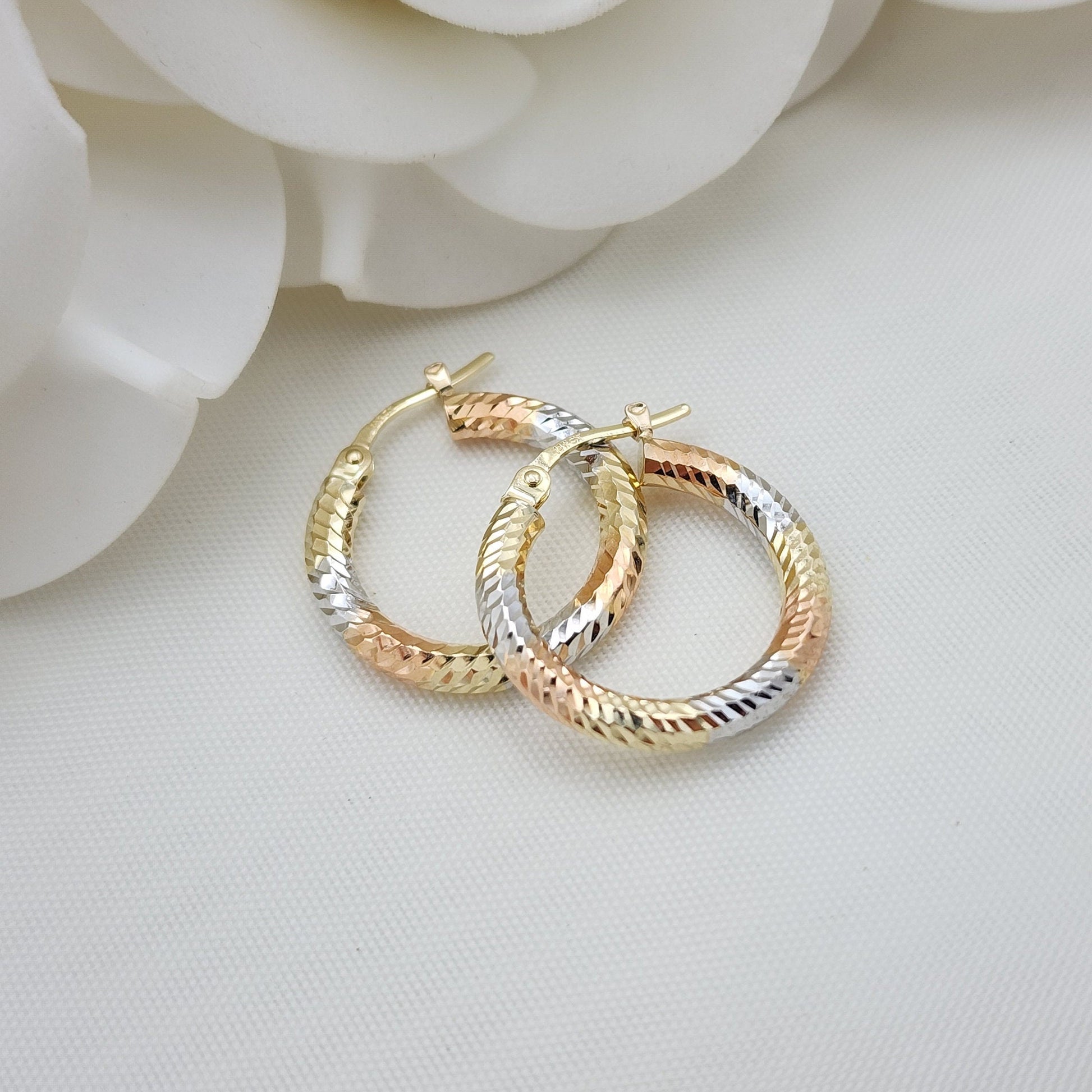 20mm 3 Tones 14k Gold Hoop Earrings - 3mm Thick - For Her - White, yellow and rose Gold