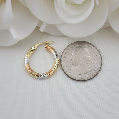 20mm 3 Tones 14k Gold Hoop Earrings - 3mm Thick - For Her - White, yellow and rose Gold