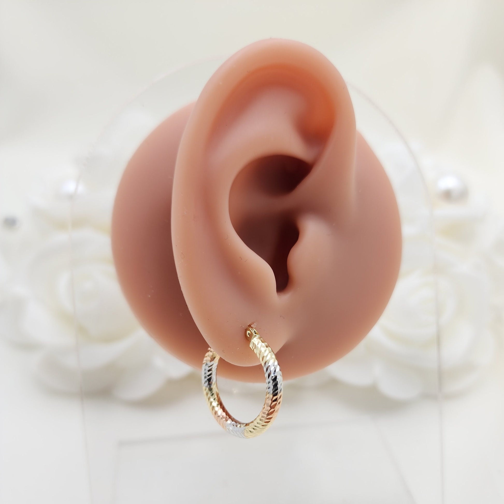 20mm 3 Tones 14k Gold Hoop Earrings - 3mm Thick - For Her - White, yellow and rose Gold