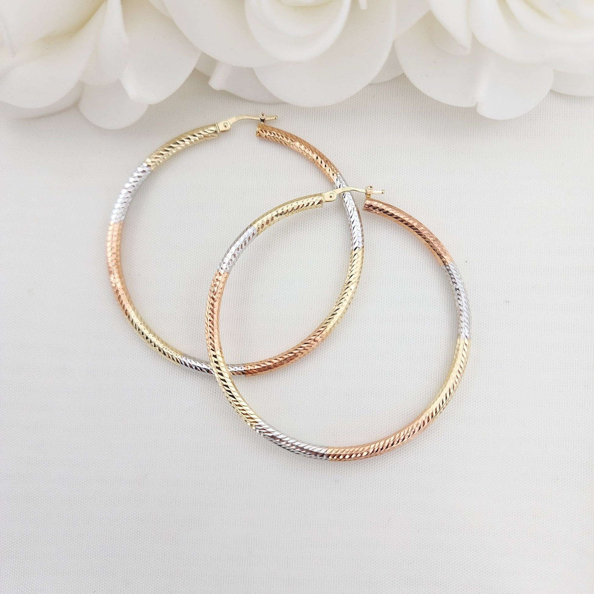 55mm 3 Tones 14k Gold Hoop Earrings - 3mm Thick - For Her - White, yellow and rose Gold