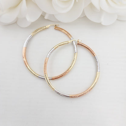 55mm 3 Tones 14k Gold Hoop Earrings - 3mm Thick - For Her - White, yellow and rose Gold