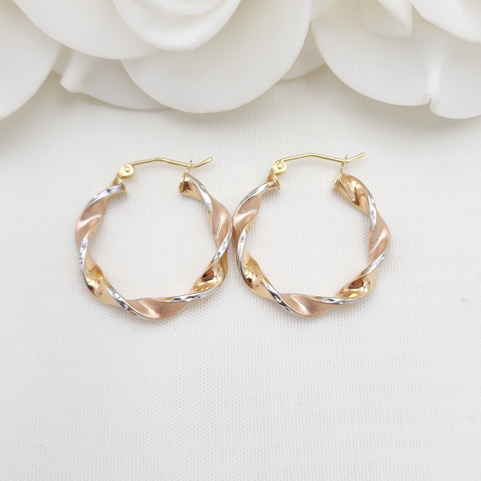 Real 14k Tri Color Gold Twisted Hoop Earrings - 3.5MM Thick - 1 Inch - Fine Jewelry - For Her