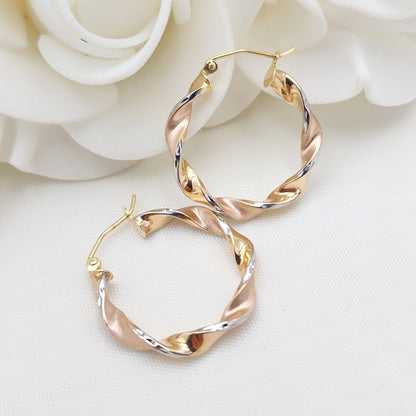 Real 14k Tri Color Gold Twisted Hoop Earrings - 3.5MM Thick - 1 Inch - Fine Jewelry - For Her