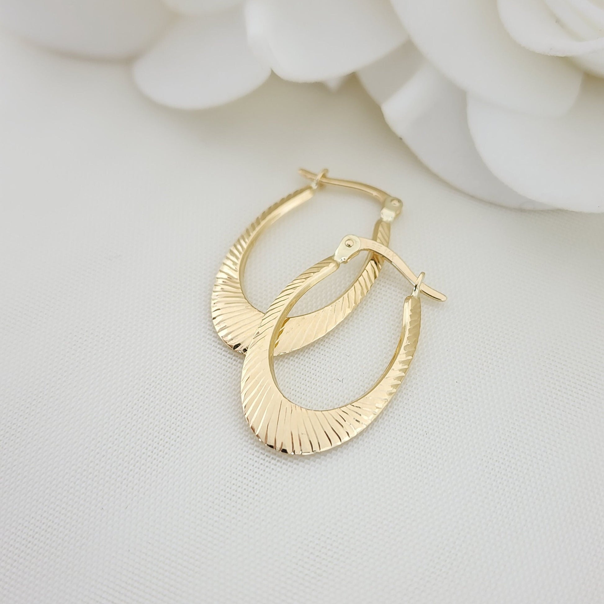 14KT Yellow Gold Shiny Textured Hoop Earrings - 26MM - Small Hoops