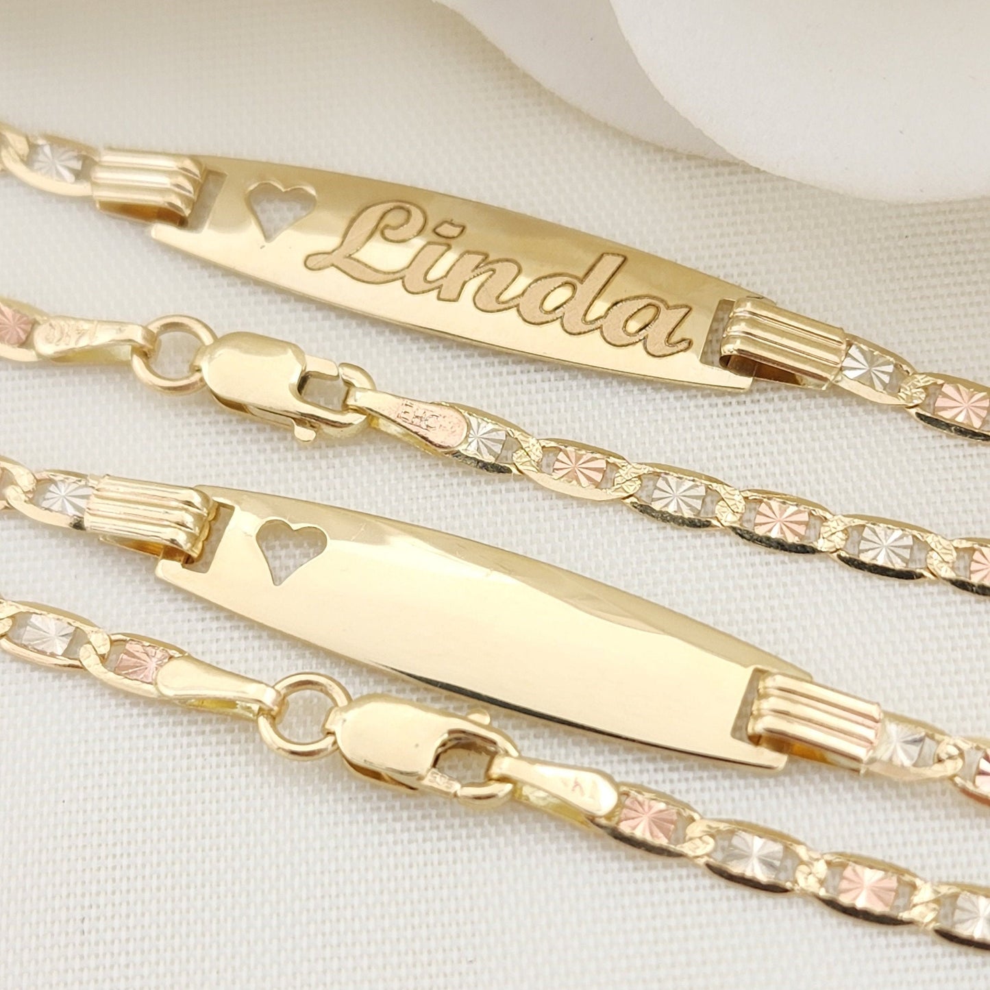 14K Tricolo Gold ID Puffed Mariner Baby Bracelet - 6 Inches - 4.2mm